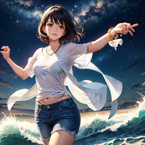 A woman dancing on the beach on a summer night. She is wearing a white shirt and jeans, with short hair. The background features a starry sky over the night sea, creating an atmosphere where you can almost hear the sound of the waves. In a realistic and hi...