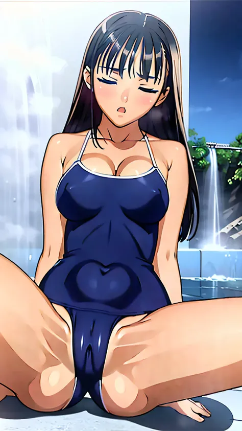 nsfw,((Masterpiece)),((Draw in beautiful detail)),1Girl,Mizushima Morning,Blue Eyes,Black Hair,Big Breasts,Embarrassed expression,blush,Open your mouth,Close ~ eyes,sit,Spread your legs,School Swimsuit,((Peeing:1.2)),bedroom