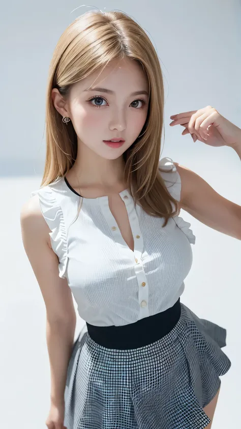 (((forehead、Standing、A calm face、(thick、Sleeveless blouse、Frilled Skirt)、White Blonde Hair、Northern Europe、White、beautiful girl、Blonde、White background、cute、Young、True Face、Shiny Hair、whole body)))、(overweight:1.5、masterpiece, best quality, ultra detailed,...