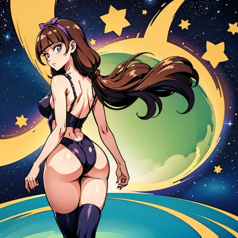 (1 girl), (solo), ((amanogawaki)), best quality, highres, high quality, 8k, HD, super detail, anatomically correct, UHD, accurate, (masterpiece:1.0), (high quality:1.0), (ultra detailed), (Planets on a Galaxy background), Looking Back, Looking At viewer, S...