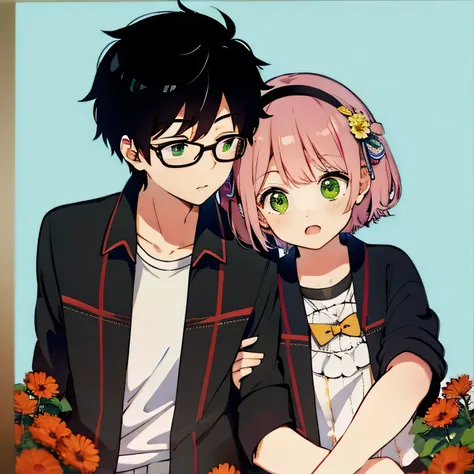 1 boy with black hair, red jacket and glasses romantically kissing a girl with pink hair and green eyes flower field in the background, amor verdadero, mejillas sonrojadas, alta calidad 