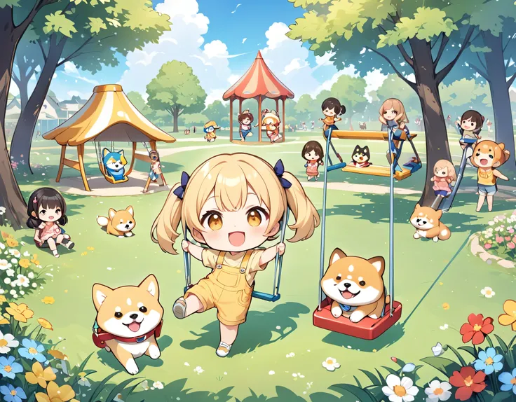 Light blue long hair、A girl with twin tails and two chibi characters、A happy smile、Yellow denim jumpsuit、A park full of grass and flowers、There are slides and swings、Chibi characters playing、My beloved Shiba Inu dog is running around happily.、