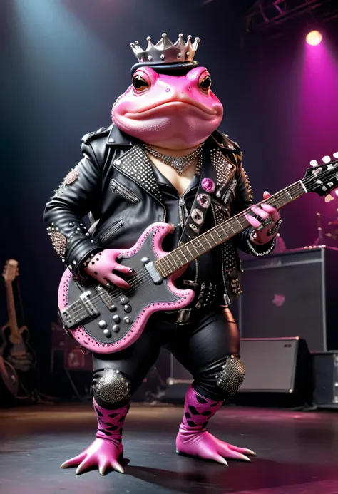 photorealistic portrait of Dressed animals - a ((fat) pink toad punk-rocker, (full body image:1.5), break,(holding a guitar:1.5), Wearing a tailored black leather jacket featuring intricate silver stud patterns reminiscent of sacred symbols, adorned in a m...