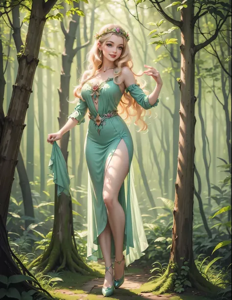 a 1940’s pinup painting of a woman in a dress standing in the woods, portrait of a fairy, forest fairy, fey queen of the summer forest, portrait of fairy, forest fae, smiling as a queen of fairies, fairy aesthetics, beautiful fairy, queen of the fairies, f...