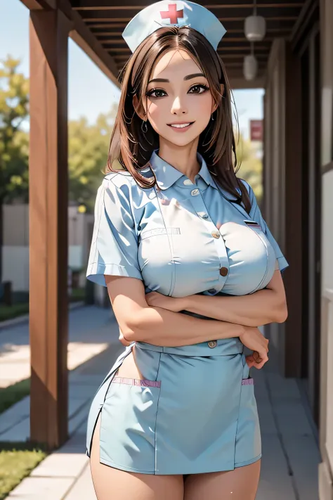 1 female, 40 years old, (Nurse cap, nurse uniform and mini skirt), masterpiece, grin, (very tanned and shiny skin), Big Breasts, photoRealistic, Realistic, alone, photoRealistic, Highest quality, Ultra-high resolution, Yura S, Outdoor, colorful,  Daytime s...