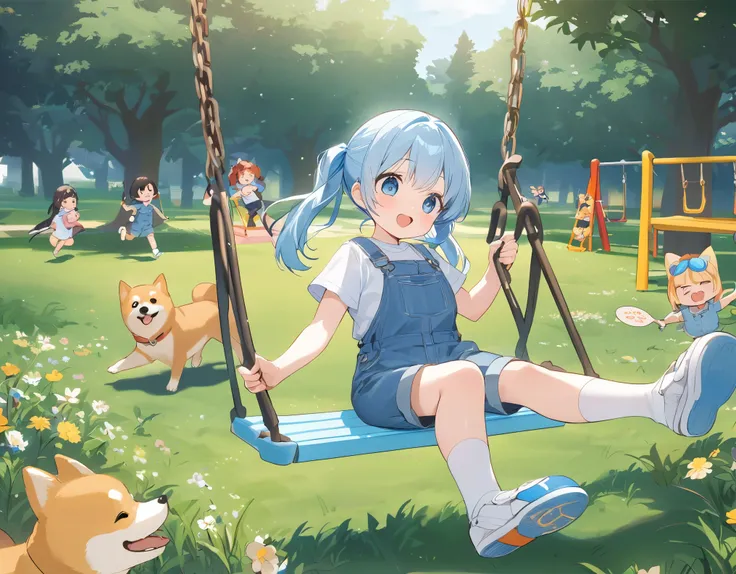 Light blue long hair、Twin-tailed Girl、Blue denim jumpsuit、A park full of grass and flowers、There are slides and swings、Five little characters playing、My beloved Shiba Inu dog is running around happily.、