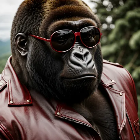 Gorilla with sunglasses and a red leather jacket