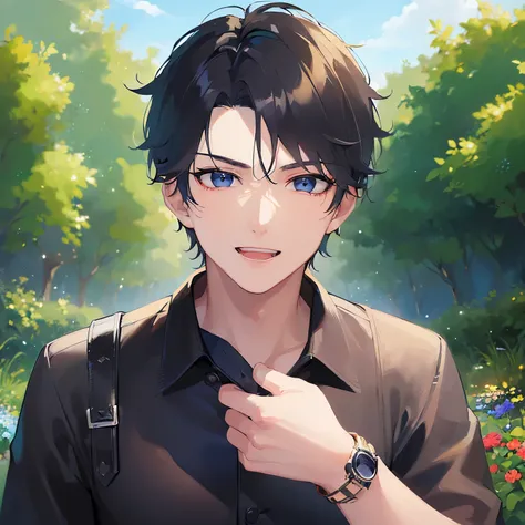 (looking at viewer:1.5)Upper Body, 
shiny skin, masterpiece、Highest quality、
(25-year-old male:1.5) and (Black short hair) and (blue eyes), 
black collared shirt、
smile,open mouth,park、grass