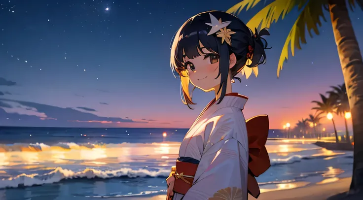 night sky,beach,palm tree,stars,smile,kimono girl,