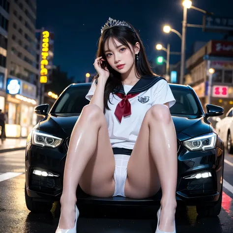 SFW, (Closeup from Crotch to Face) ExtremelyDetailed (SchoolGirl Lean against the Car) Spread Knees Up, perfect face, Brilliant(Tiny Crown), Detailed(Delicate Clothing textures) Sailor Uniform with Red Ribbon (((WhitePanties))), PerfectHand with Childish 4...