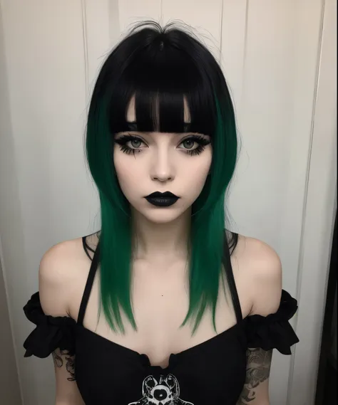 bce, 1girl, green hair, black eyes, goth, asymmetrical hair, bedroom, wispy bangs, upper body view