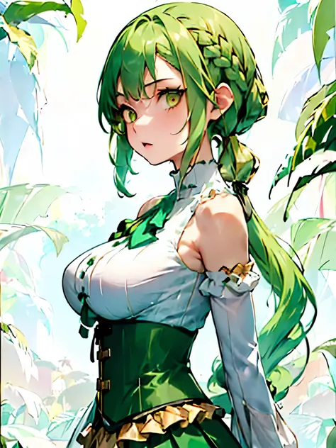 ((ice green color hair)), (low twintails), ((asymmetric bangs)), braided bangs, long hair, break, break, (((gold eye))), ((tsuri...