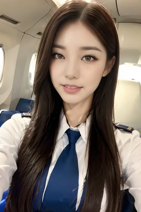 ((Highest quality, 8k, masterpiece: 1.3)), concentrate: 1.2, Perfect beauty: 1.6, Astock: 1.3, ((Straight Hairstyles), (Flight attendant uniform: 1.1), (night, The entrance to the plane), Highly detailed face and skin texture, Narrow eyes, double eyelid, W...