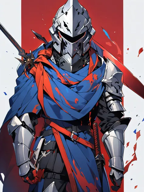 A knight with a helmet covered in blood,a broken sword, a blue cape wrapped around the neck, stylish helmet