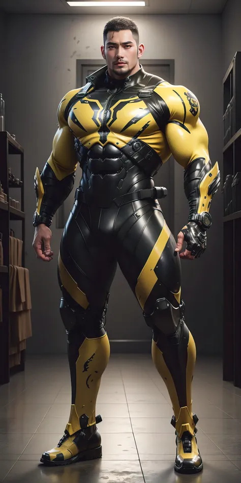 Tall giant muscular police officer，Yellow and black camouflage patterned nano mecha，Honeycomb pattern，Lightweight texture，Character Concept（Resident Evil - Chris Redfield，Chris Redfield）senior police officer，Small grid texture，Regular symmetrical texture p...