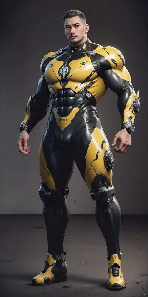 Tall giant muscular police officer，Yellow and black camouflage patterned nano mecha，Honeycomb pattern，Lightweight texture，Character Concept（Resident Evil - Chris Redfield，Chris Redfield）senior police officer，Small grid texture，Regular symmetrical texture p...