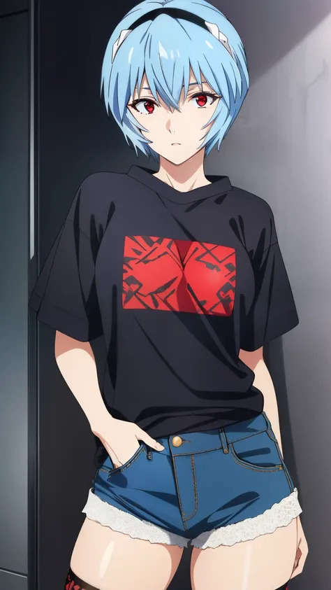 reiayanami, rei ayanami, (ayanami rei:1.2), blue hair, short hair, (red eyes:1.3), Medium breast,
BREAK (hairbands, ice cream print, multicolored neon lights, neon garland, Japanese graffiti, highly detailed eyes, underwear, lace, tattoos, super short fit ...