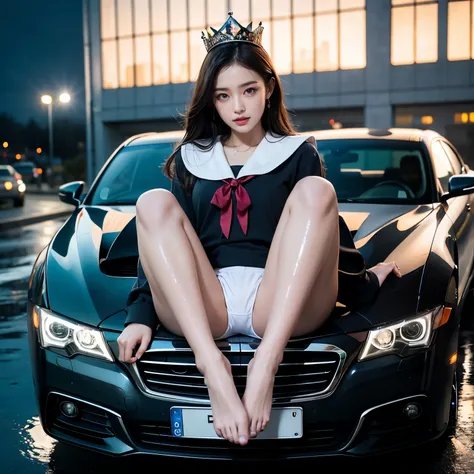 SFW, (Closeup from Crotch to Face) ExtremelyDetailed (SchoolGirl Lean against the Car) Spread Knees Up, perfect face, Brilliant(Tiny Crown), Detailed(Delicate Clothing textures) Sailor Uniform with Red Ribbon (((WhitePanties))), PerfectHand with Childish 4...