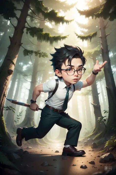 Masterpiece artwork, man with glasses, Nerd, studio illumination, style cartoon, chibi, sprinting, forest background, highy detailed