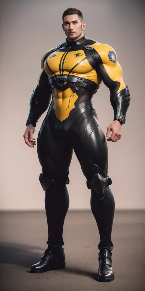 Tall giant muscular police officer，Yellow and black camouflage patterned nano mecha，Honeycomb pattern，Lightweight texture，Character Concept（Resident Evil - Chris Redfield，Chris Redfield）senior police officer，Small grid texture，Regular symmetrical texture p...