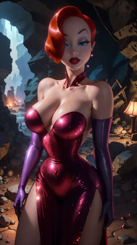 masterpiece, hd, full detailed, jessica rabbit, sideless red dress, glitter dress, purple sleeve gloves, red hair, detailed eyes...