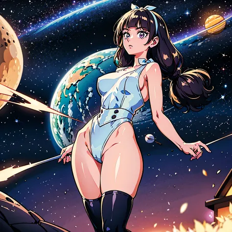 (1 girl), (solo), ((amanogawaki)), best quality, highres, high quality, 8k, HD, super detail, anatomically correct, UHD, accurate, (masterpiece:1.0), (high quality:1.0), (ultra detailed), (Planets on a Galaxy background), Looking Back, Looking At viewer, S...