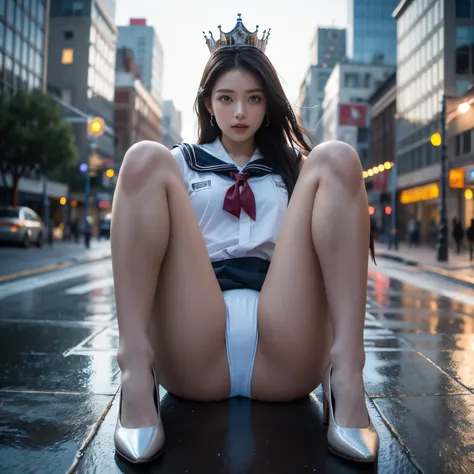 SFW, (Closeup from Crotch to Face) ExtremelyDetailed (SchoolGirl Lean against the Car) Spread Knees Up, perfect face, Brilliant(Tiny Crown), Detailed(Delicate Clothing textures) Sailor Uniform with Red Ribbon (((WhitePanties))), PerfectHand with Childish 4...