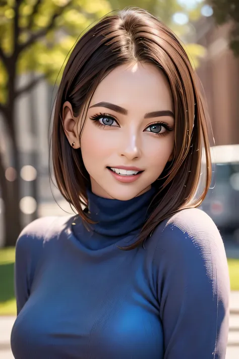 ((masterpiece)), ((Highest quality)), ((Complex)), ((Surreal)), (Realistic), (Mature Woman), ((No classes)), Very detailed, (1 female), Beautiful and exquisite, (Beautiful Teeth), Grin, Brunette bob hair, Brown eyes, ((Blue turtleneck)), (Upper Body), (bac...