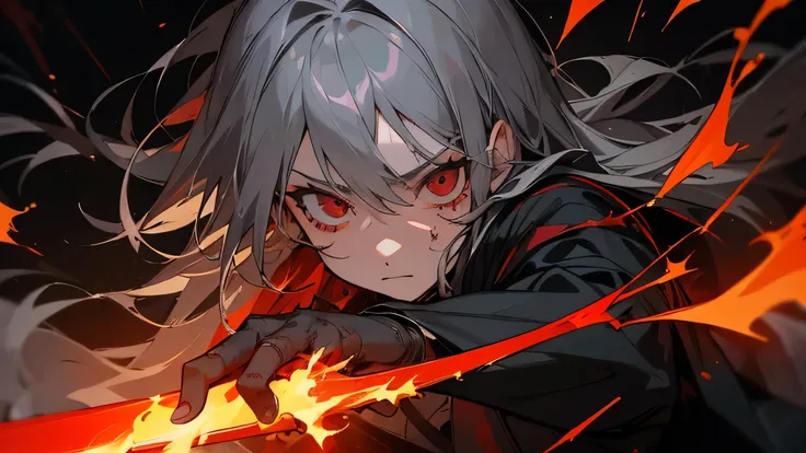 Capture the whole picture、Gray Hair、Oblique view、Wield a sword、Burning red and black flames、Clothes full of scratches、Scarred Face、Battle Scenes、Red-black eyes、Detailed eyes、Eyes with crosses drawn on them、Scorched black clothes、Detailed hands、masterpiece,...