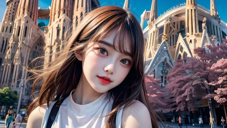 (masterpiece, highest quality:1.1), (Popart Style),Flat Color,(1 Girls),Cute face,Have a nice trip,(Sagrada Familia)，Spain, Beautiful detailed scenery, Beautiful lighting,very happy,Dynamic pose,Portrait Photography, sharp,An illustration：unreadable, upper...