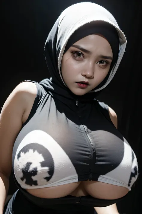 ((GOTHIC GOTH GIRL BLACK LIPS)), Jumbo (Singlet), Chubby adorable, 1 girl, (face to face), 10 years old, baby face, angry face expression, half body portrait, (face details: 1), (eye details: 1), ((big breasts)). wearing transparent transparency soft long ...