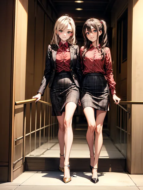 (Biologically correct limb count),Full body, including face,4K,Focus on the masterpiece face,Well-proportioned facial features,Delicate descriptive eyes,(One beautiful woman),(Red Shirt,Black jacket,black plaid skirt),(Grin),looking at the camera,Ashio Cop...