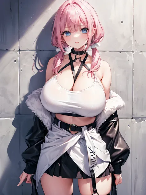 Best Quality,Detailed and cute eyes,Very cute face,(Solo Girl),(gigantic breasts:1.3),(Pink hair),(low twintails:1.4),Scrunchie,(Big light blue eyes),A very happy smile,Open your mouth wide,View Viewer,BREAK,(Halter neck O-ring crop top,Wear a leather jack...