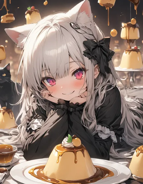 masterpiece、10 year old girl、White Hair、Long Hair、gothic lolita、(Cat ear)、smile、(((big pudding with caramel sauce)))、Focus on the face, sweets background