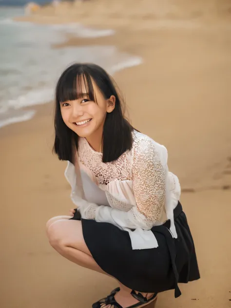 Highest quality,Super detailed,A woman squatting on the beach at Enoshima Beach, looking up at the camera,White top,Black flared mini skirt,Posing for a photo,Distant scenery is blurry,Illuminated by sunlight