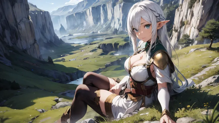 cinematic, sexy beautiful elf woman,white hair, medieval, sitting on the ground, lining beside rock, the center of small hill, in vast green field.