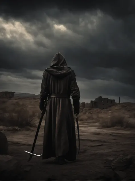 A terrifying Grimm Reaper warrior, post-apocalyptic landscape, dark moody atmosphere, ominous clouds, gritty textures, dramatic lighting, muscular figure, hooded robe, scythe weapon, abandoned ruins, cracked earth, desolate environment, cinematic compositi...