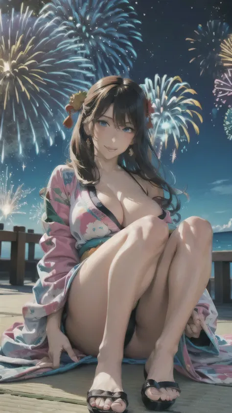 ((Correct Anatomy)),((yukata))((Ocean)),((night)),((firework)),(((Yakatafune))),((大きなfirework)),((Vivid kimono)),((Beautiful feet)),Ultra-high resolution, Mature Woman, Mature Woman, Very detailed, ((Big Tits)), Perfect hands, Detailed fingers, Beautiful d...