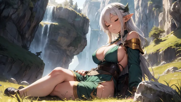 cinematic, sexy beautiful elf woman with big breast, white hair, sleep closed eyes, medieval, sitting on the ground, lining beside rock, the center of small hill, in vast green field.