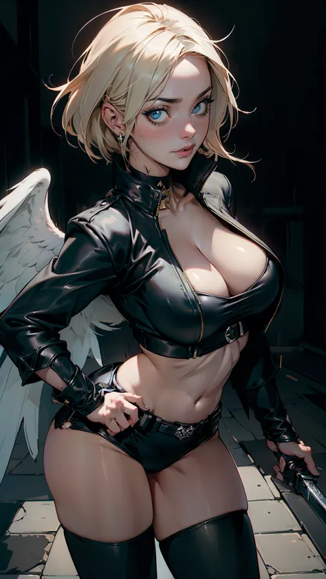 detailed portrait of a beautiful woman, 1girl, (AngelMS:1.4), midriff, looking at viewer, (cleavage), cropped jacket, best quality, 4k, 8k, highres, masterpiece:1.2, ultra-detailed, URBAN SAMURAI,holding a dagger each hand, fullbody shot