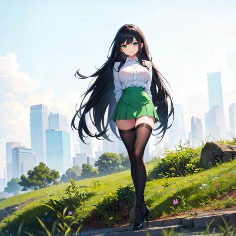 (solo), 1 skinny girl standing, short torso, skinny long legs, bursting huge breasts, inconceivably narrow waist, swaying back, arms behind back, BREAK, green blazer, green high-waist skirt, thigh gap, black thighhighs, stiletto heels