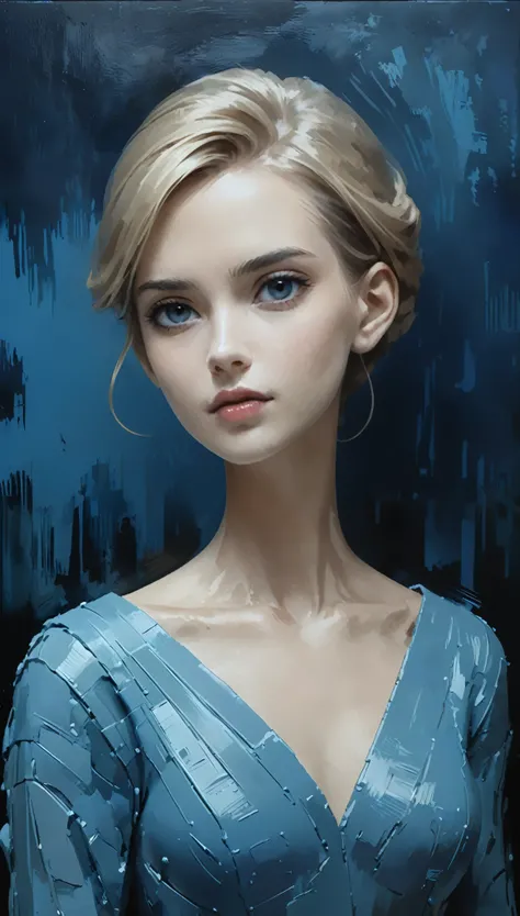 in style of Carolina Herrera-【Gorgeous clothing designer】-,in style of Casey Baugh
1girl,character concept design,upper body,(clear oil painting of the clay strokes:1.2),cool tone tone,dark background,blue atmosphere,three-dimensional sense,(real, realisti...