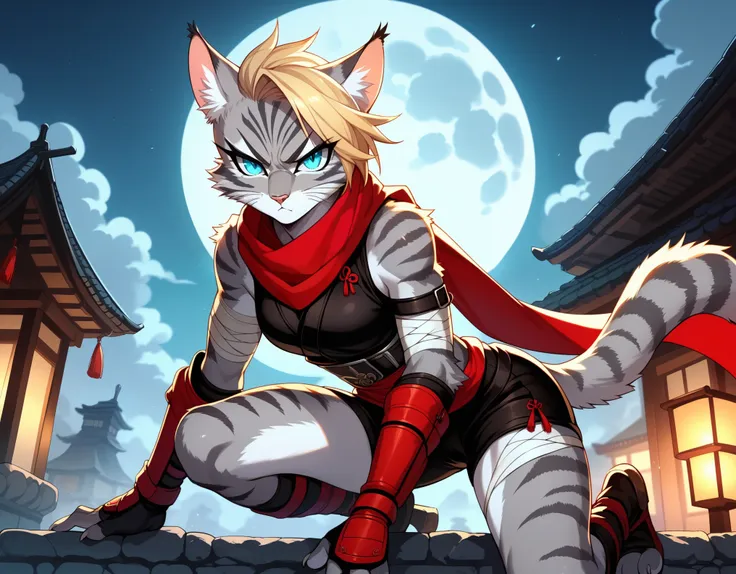 score_9,score_8_up,score_7_up, score_6_up, score_5_up, source_anime, kemono style, Kat, female Anthro furry feline, silver fur, grey stripes on body, blue eyes, long blonde hair, undercut hair, one side of hair shaved, wearing red ninja scarf, scarf_over_m...