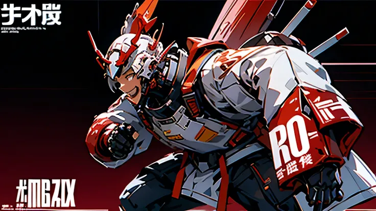 A red gundam-themed character, whole body, サイバーパンク, Wearing big sneakers, Combat Ready, Big machine hands, Simple Background, Magazine Cover, Jump up, Punching pose, male, boy, ショートカット, crazy eyes, tsurime, monkey ears, clenched teeth, grin, skin fang, rai...