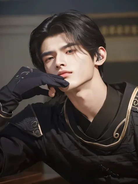 a close up of a person with a glove on holding a cell phone, man androgynous prince, inspired by Yang Jin, yanjun chengt, xianxia hero, inspired by Zhao Yuan, heise jinyao, by Yang J, yan, delicate androgynous prince, full body wuxia, by Qu Leilei, xianxia