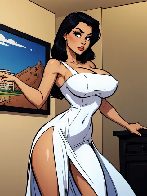 Thin woman, elegant white dress, black hair, eyes browns, busty. comic style.