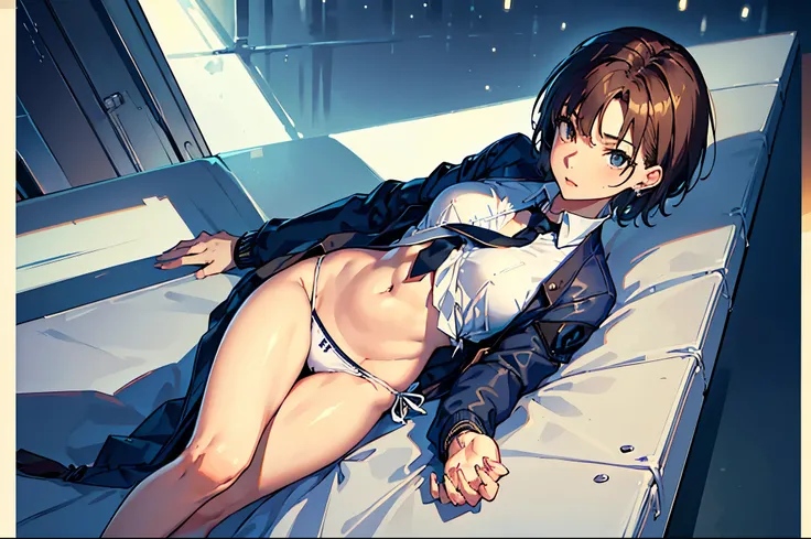 masterpiece,(Perfect Anatomy:1.5), highest quality, 1 lady , slender, leggy, Seductive, short hair, brown hair, (wear a white long sleeved shirt, tie, navy officer winter jacket:1.5), white bikini panties , barefoot, Perfect hands, Perfect body, reclining,...