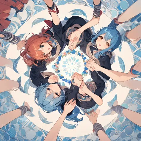 Circle Composition, three girls holding hands, From above,