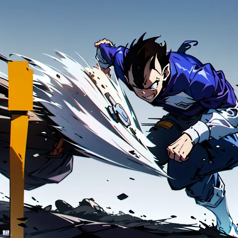 A blue vegeta-themed character, whole body, サイバーパンク, Wearing big sneakers, Combat Ready, Big machine hands, Simple Background, Magazine Cover, Jump up, Punching pose, male, boy, ショートカット, crazy eyes, tsurime, clenched teeth, grin, skin fang, raised fist, pr...