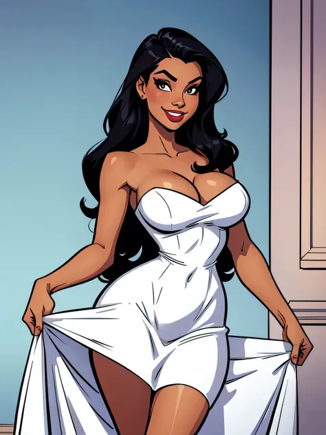 Thin woman, beautiful smiling, elegant white dress, skin black, black hair, eyes browns, busty. comic style.
